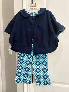 TRUE navy blue poncho & patterned pants size 2T GUC 100% Cotton